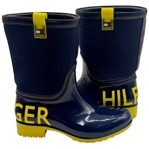 Tommy Hilfiger Women Navy Blue Yellow Glossy Waterproof Rain Boots Size 7 Preppy